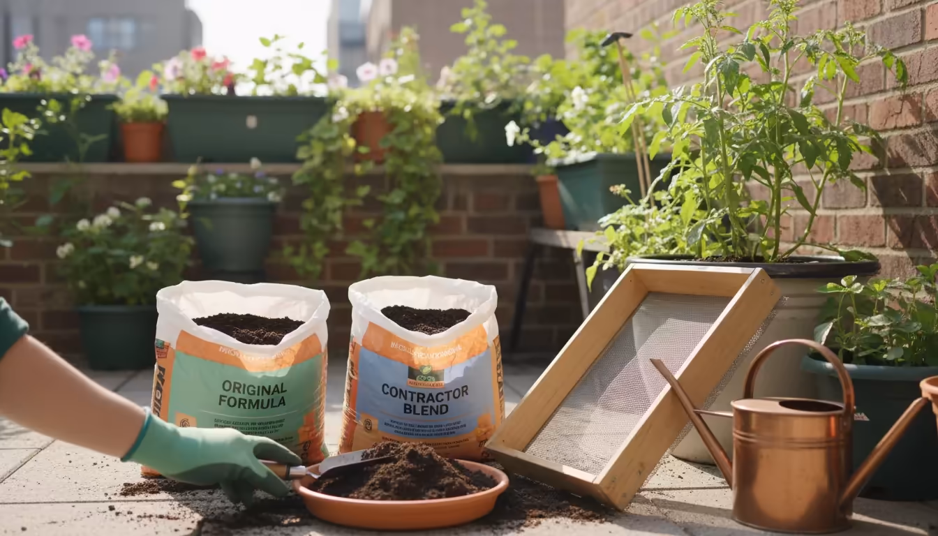 A gloved hand reaches for a trowel on an urban patio, surrounded by open potting mix bags, a DIY soil sifter, and a watering can.