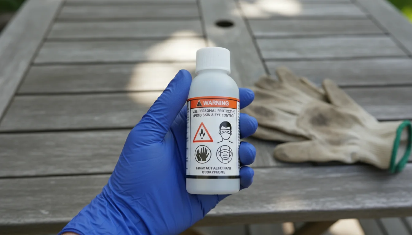 Gloved hand reading a chemical fertilizer label with standard gardening gloves blurred in background.