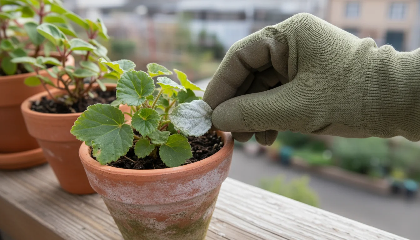 A gloved hand carefully removes a fuchsia leaf with powdery mildew from a plant in a terracotta pot on a balcony railing.