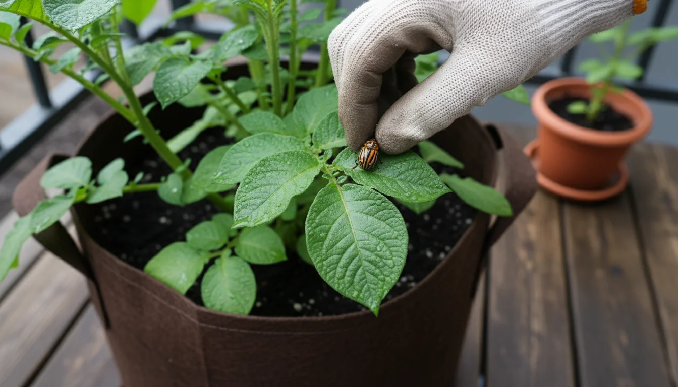 Gloved hand removing a black and yellow Colorado Potato Beetle from a potato plant leaf in a fabric grow bag on a balcony.