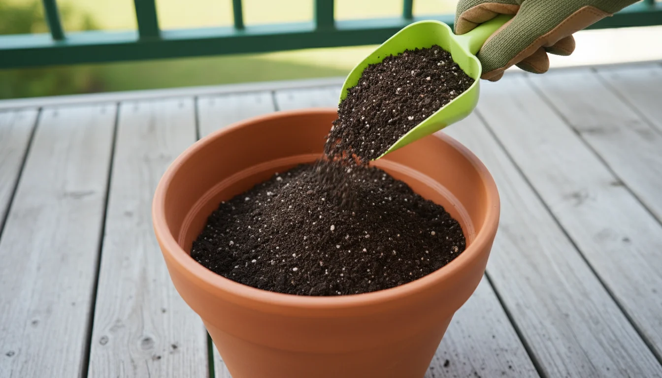 A gloved hand carefully scoops dark, rich potting mix into an empty terracotta pot on a weathered wooden balcony floor, forming the base.