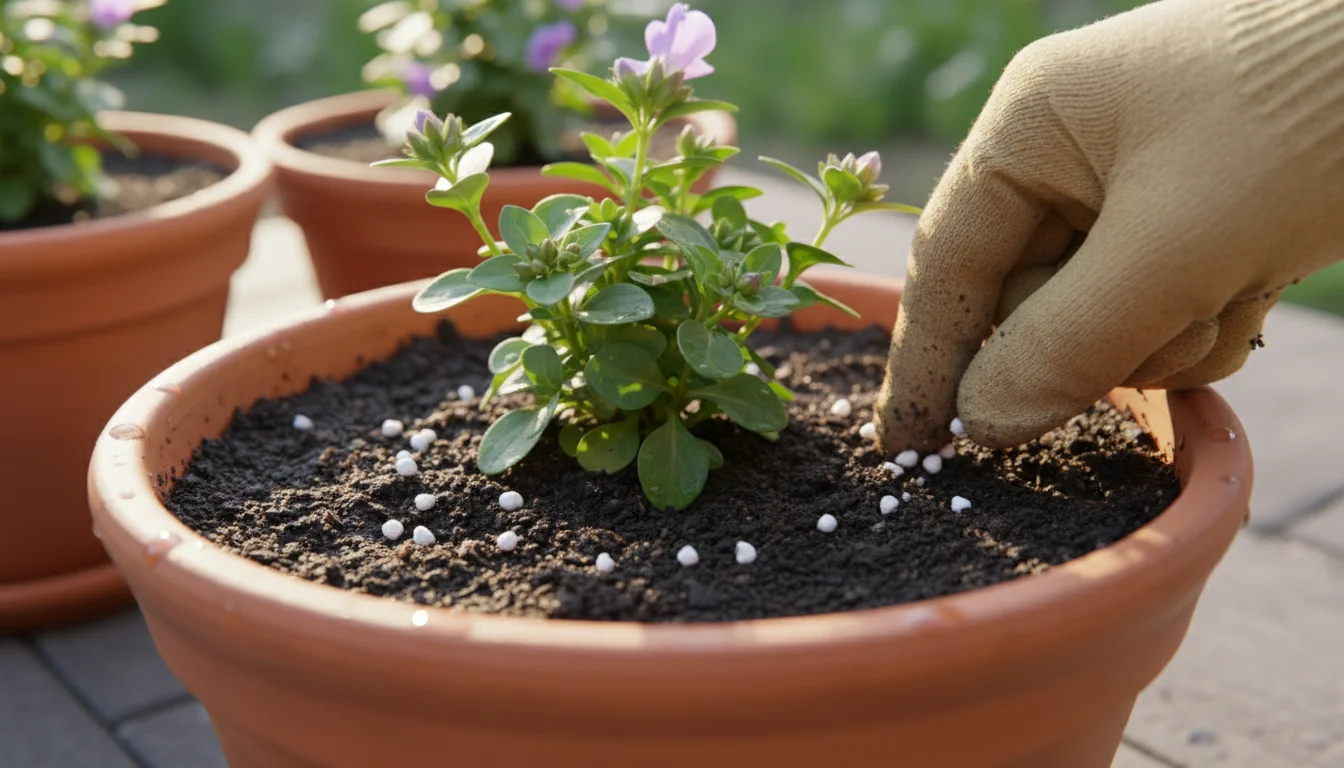 A gloved hand gently scratches white granular fertilizer into the damp soil around a small plant's base in a terracotta pot on a patio.