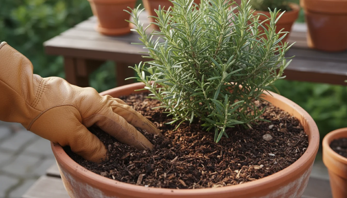 Gloved hand gently scratching dark compost into the soil of a terracotta pot containing a lush herb plant on a sunny balcony.