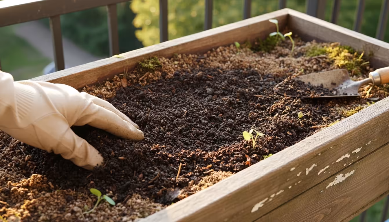 A gloved hand spreads a thick layer of dark, rich compost over potting soil in a wooden balcony planter box, readying it for fall cover crops.
