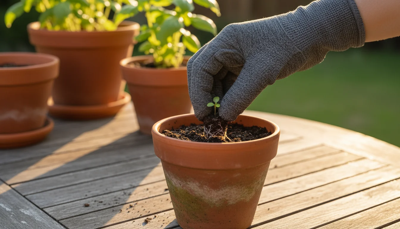 Gloved hand with textured palm carefully planting a small basil seedling into a terracotta pot on a sunlit wooden patio table.