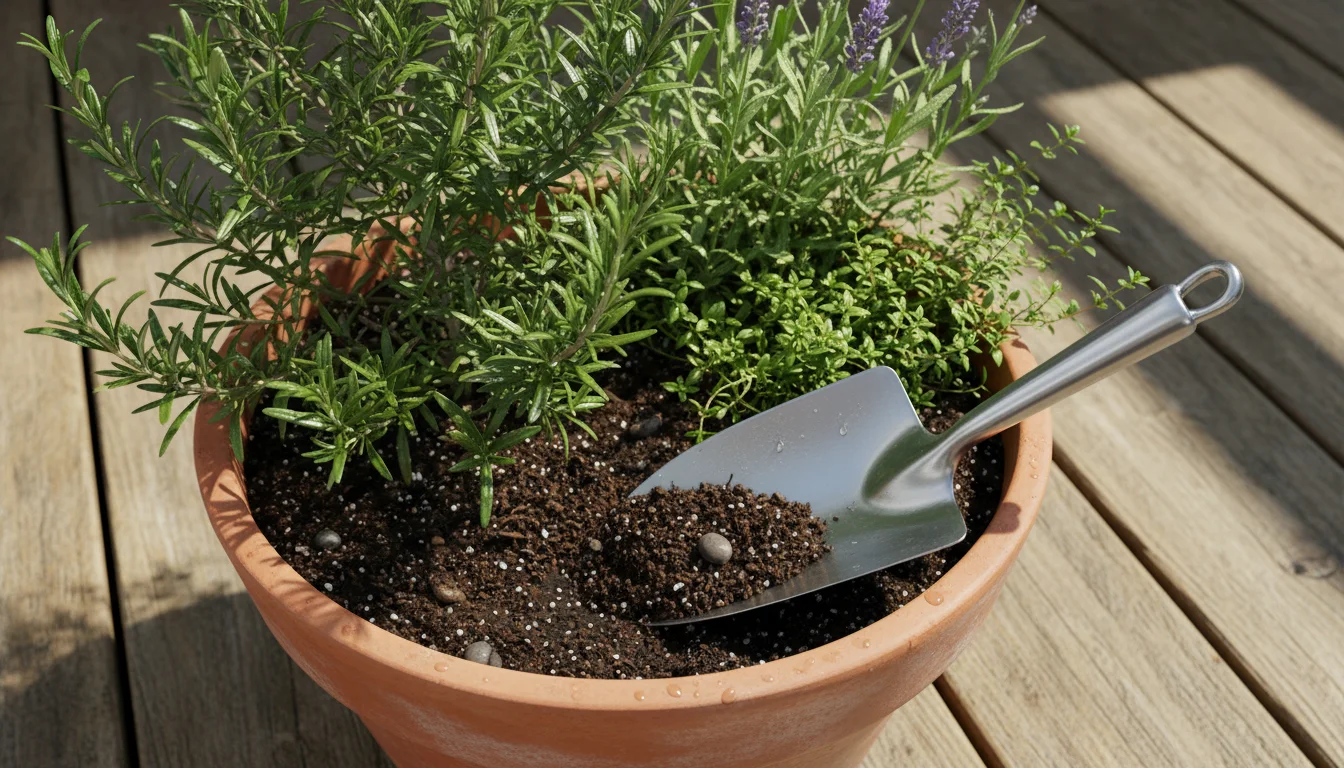 Gloved hand uses a clean stainless steel trowel to collect a deep soil sample from a rosemary plant in a terracotta pot on a weathered patio.