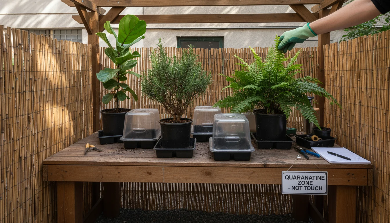 A gloved hand uses a magnifying glass to inspect a potted fern on a wooden workbench, part of a plant quarantine zone on a patio.
