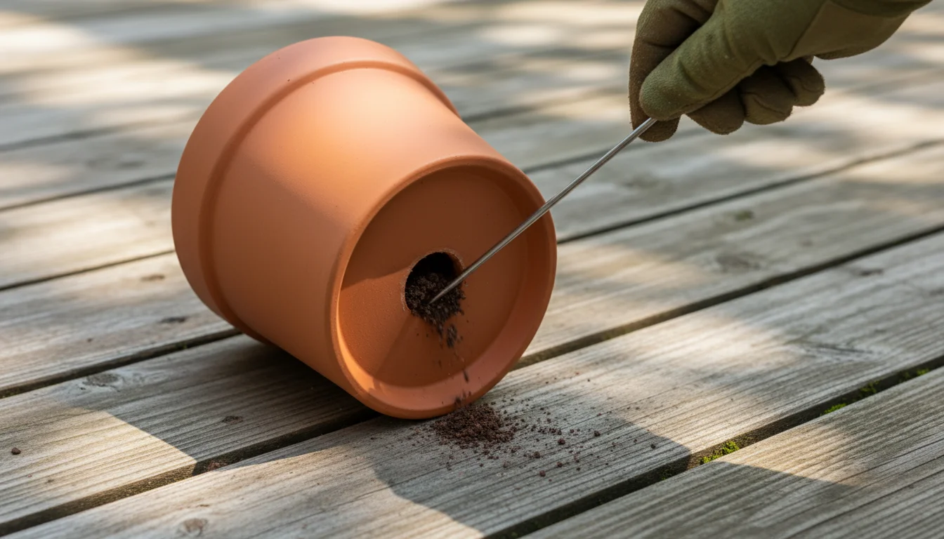 Gloved hand uses a metal skewer to clear a drainage hole on the underside of a clean terracotta pot on a sunlit wooden deck.