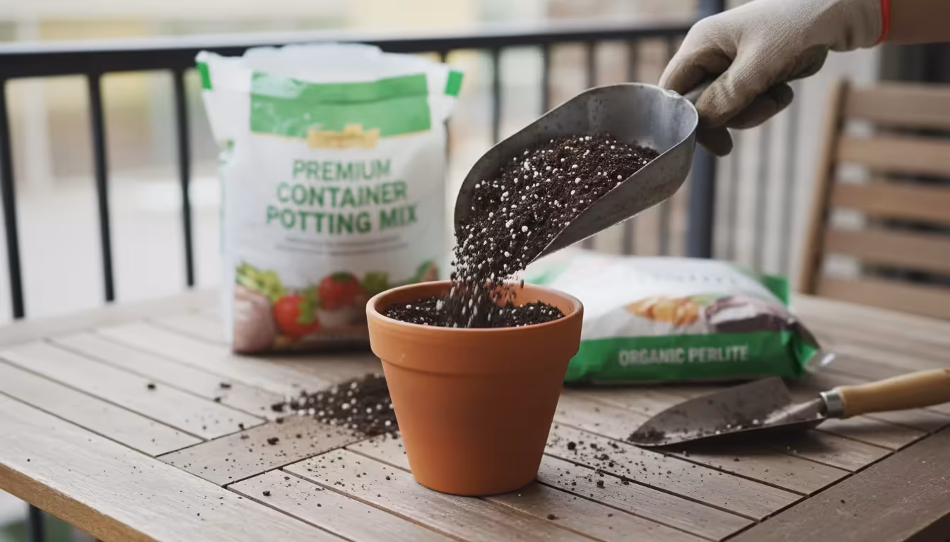 A gloved hand uses a scoop to pour potting mix, visibly containing perlite, into an empty terracotta pot on a wooden balcony table.