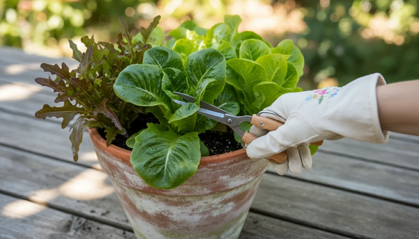 A gloved hand uses small scissors to harvest an outer lettuce leaf from a terracotta pot, leaving the inner leaves to grow.