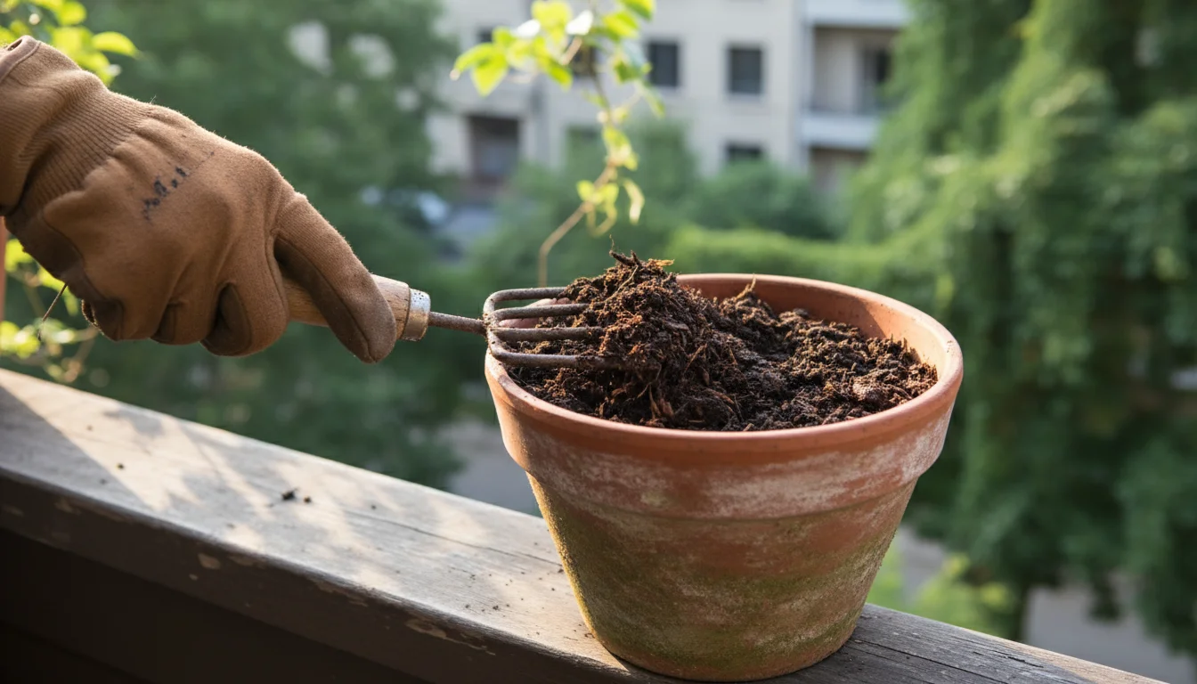 A gloved hand uses a trowel to mix dark, rich compost into the topsoil of a terracotta pot on a wooden balcony railing.