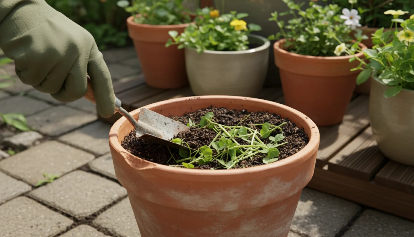 A gloved hand uses a trowel to mix recently cut-down green cover crops into dark potting soil in a terracotta pot on a patio.