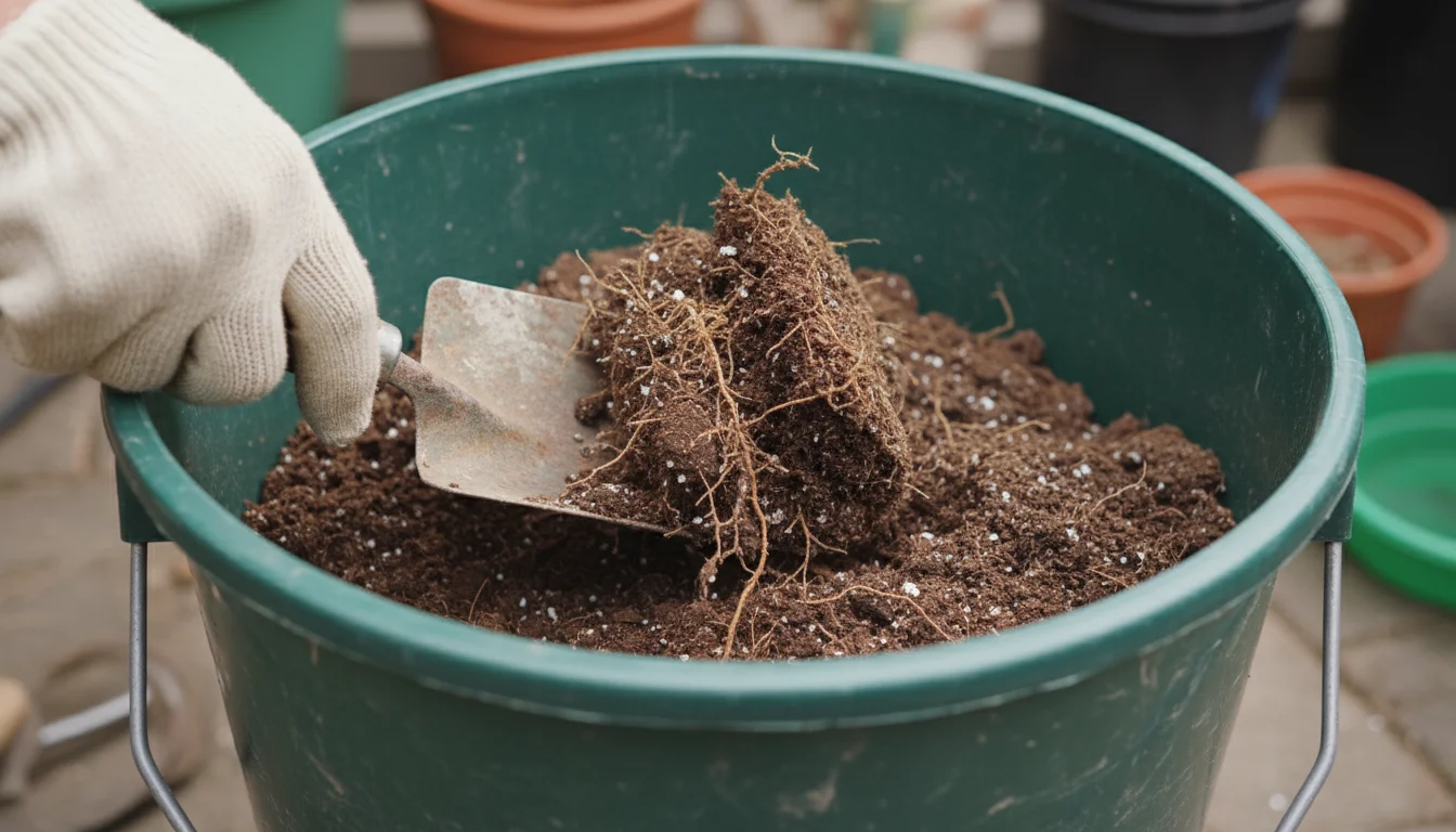 Gloved hand using a trowel to break up clumpy old potting soil in a utility bucket, with an empty terracotta pot in the soft background.