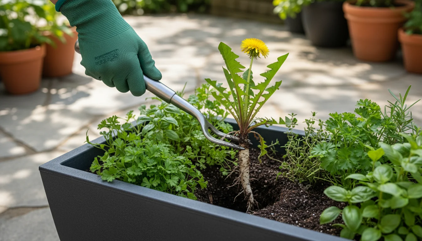 Gloved hand using a V-notched dandelion weeder to extract a taprooted weed from a large dark planter on a patio.