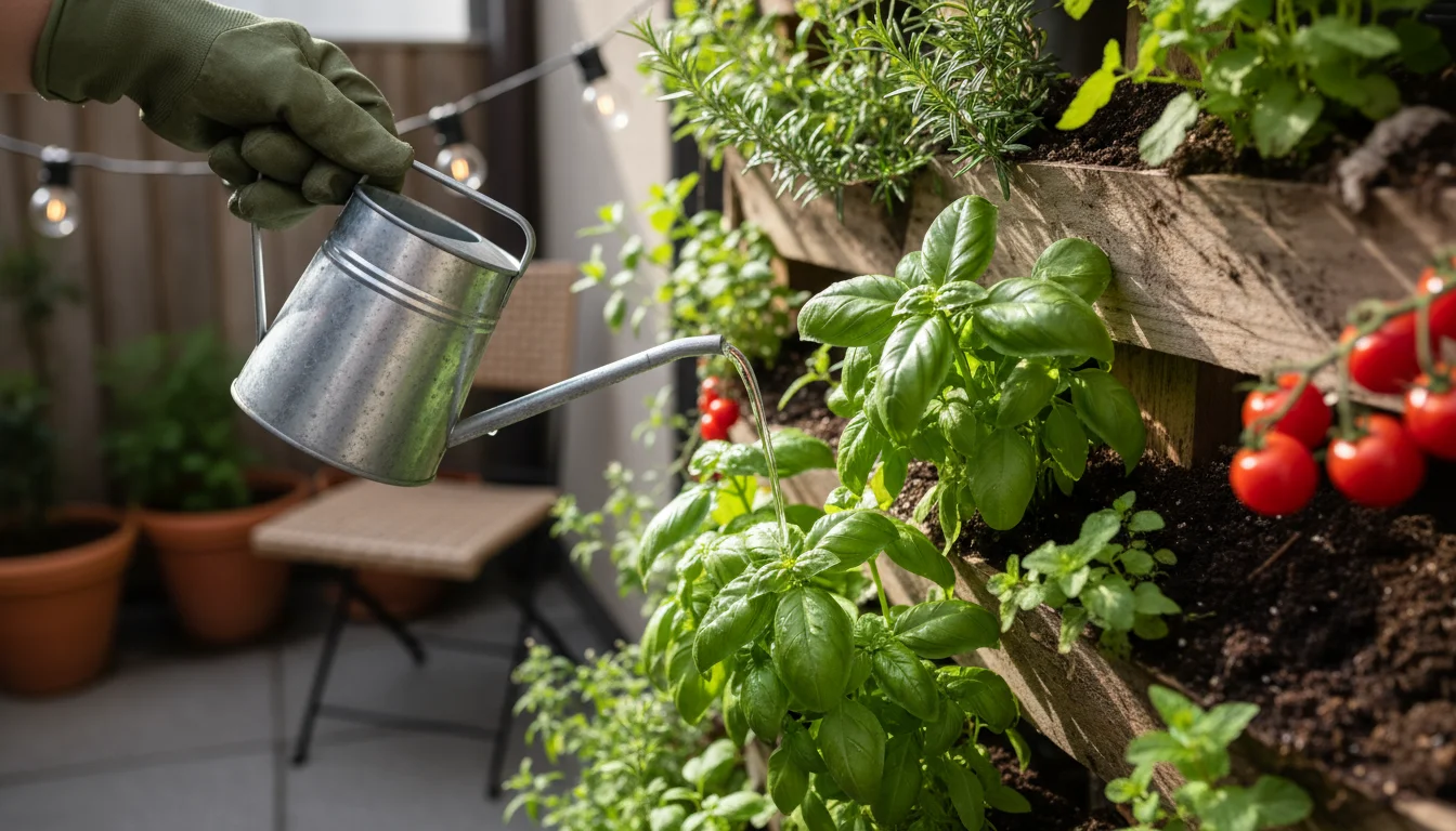 Close-up of a gloved hand watering thriving basil in a vertical pallet garden with a small galvanized steel watering can.