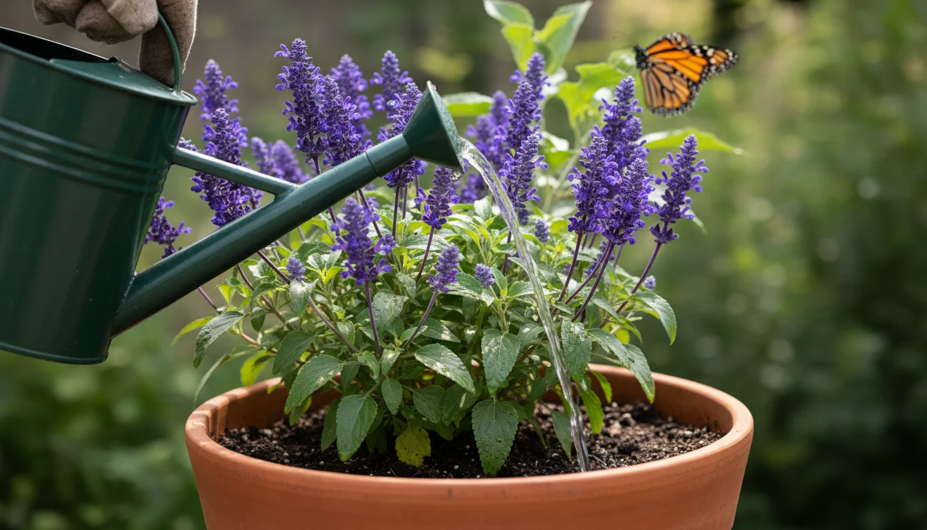 A gloved hand waters a potted purple salvia plant on a balcony, with a monarch butterfly visible on a Tithonia flower in the soft background.