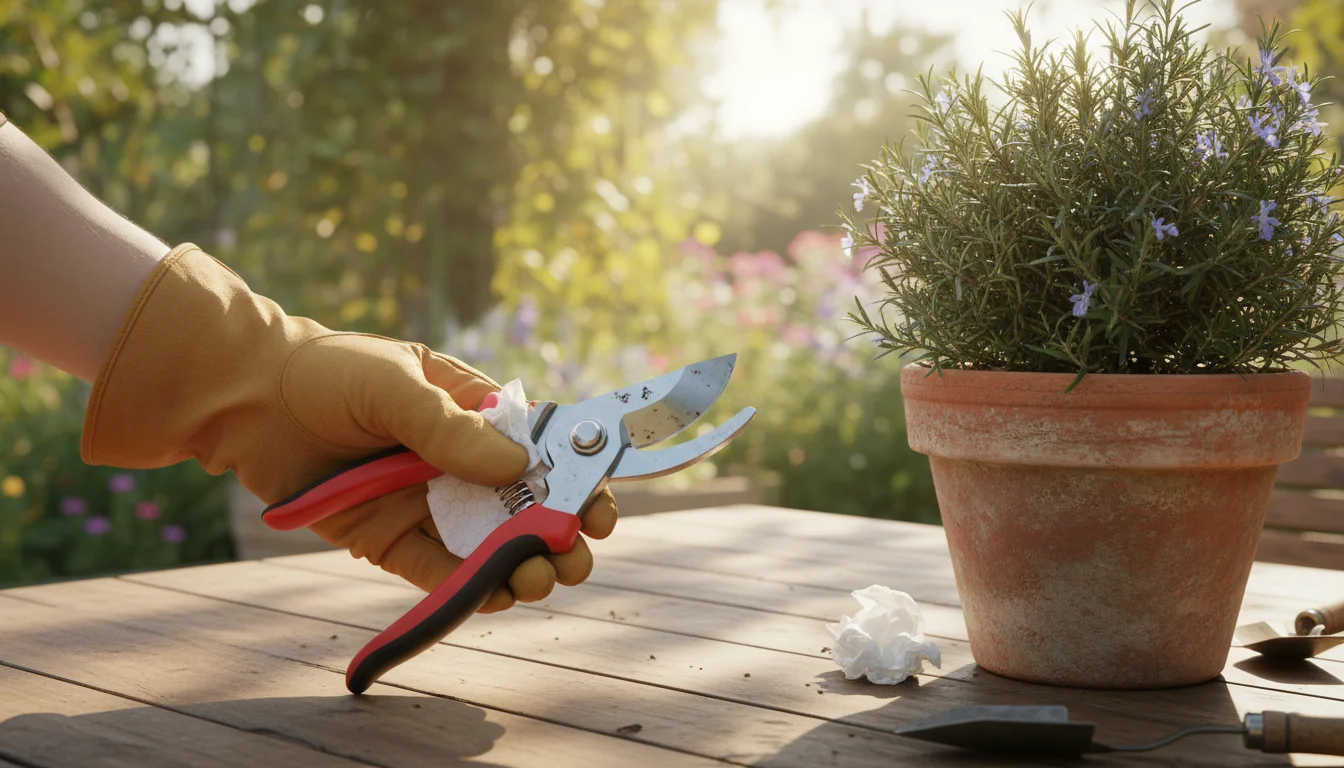 Close-up of a gloved hand wiping clean pruning snips on a wooden patio table next to a potted rosemary plant in warm light.