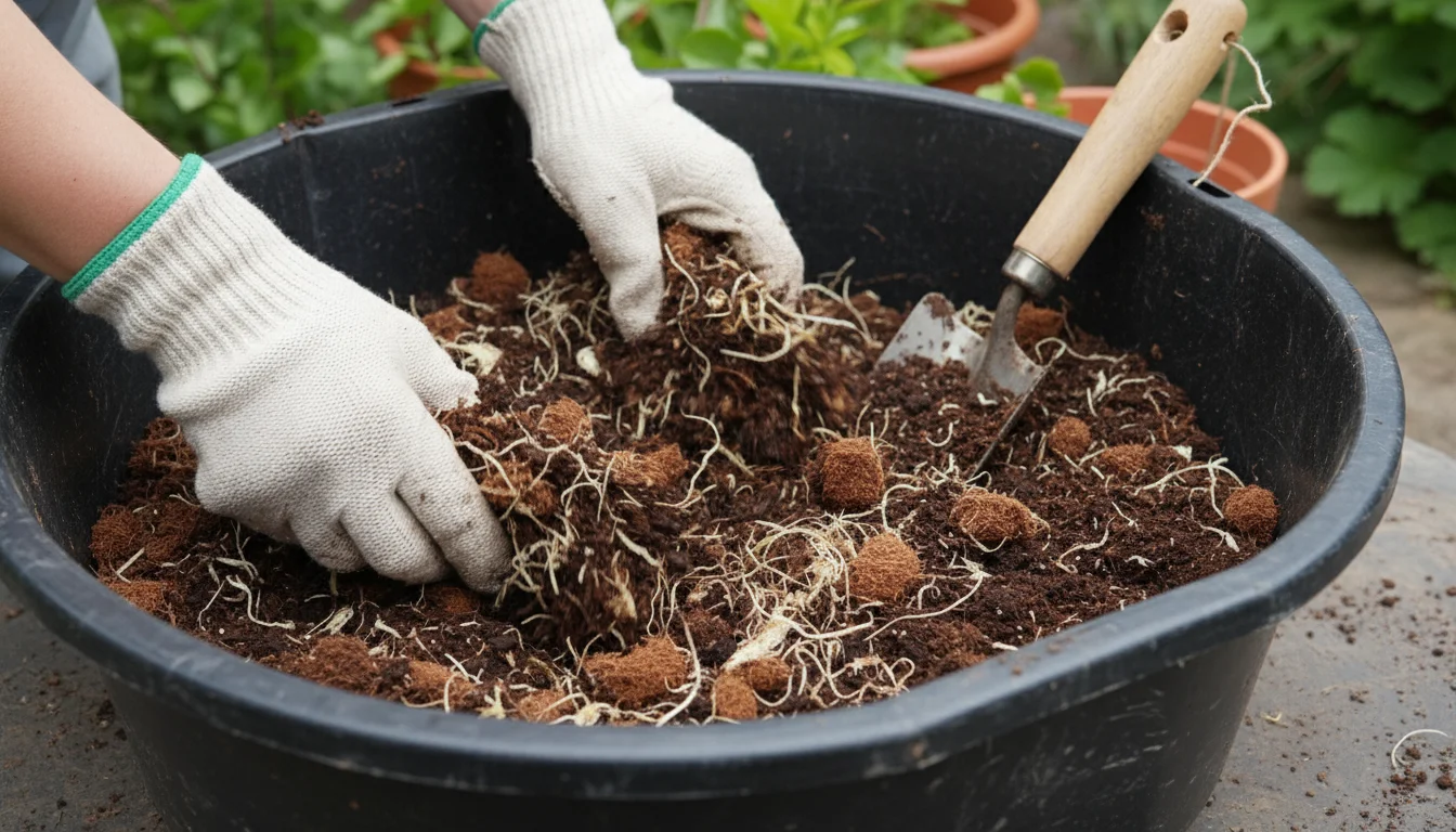 Close-up of gloved hands actively mixing a rich, dark peat-free potting blend containing coir, compost, and wood fibers in a trug on a sunny balcony.