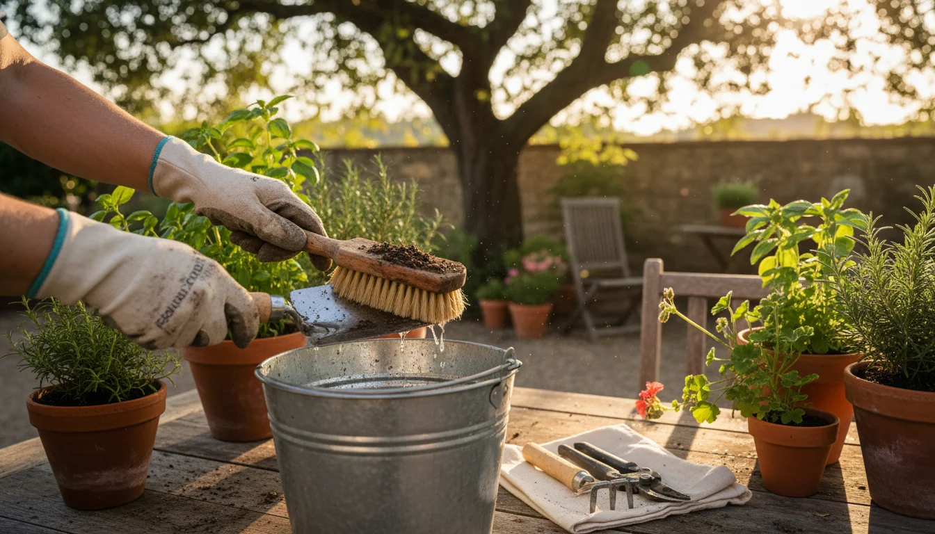 Gloved hands actively scrub a dirty garden trowel in a bucket of water on a patio, with other hand tools nearby.