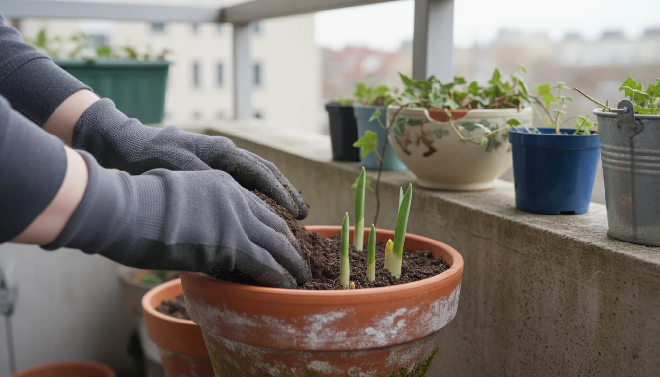Gloved hands adding compost to a terracotta pot with emerging spring bulb shoots on a balcony.
