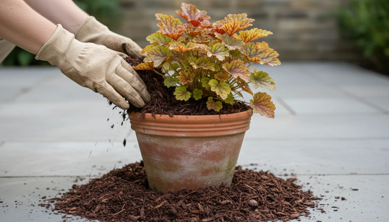 Gloved hands gently apply dark shredded pine bark mulch around a vibrant Heuchera plant in a terracotta pot on a sunlit patio.