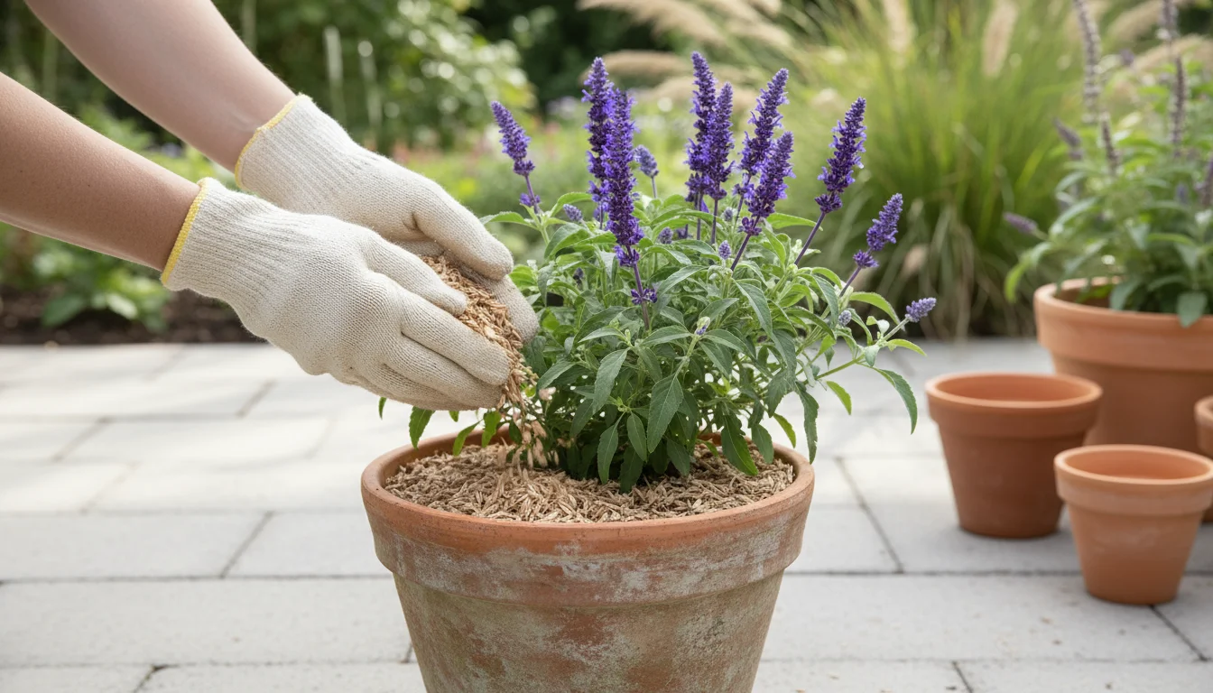 Gloved hands apply light wood chips as mulch around a vibrant purple Salvia plant in a terracotta pot on a sunny patio.