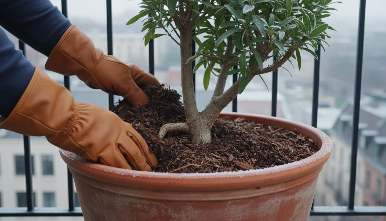 Gloved hands applying bark mulch to a hardy shrub in a terracotta pot on a frosty urban balcony, protecting it from winter.