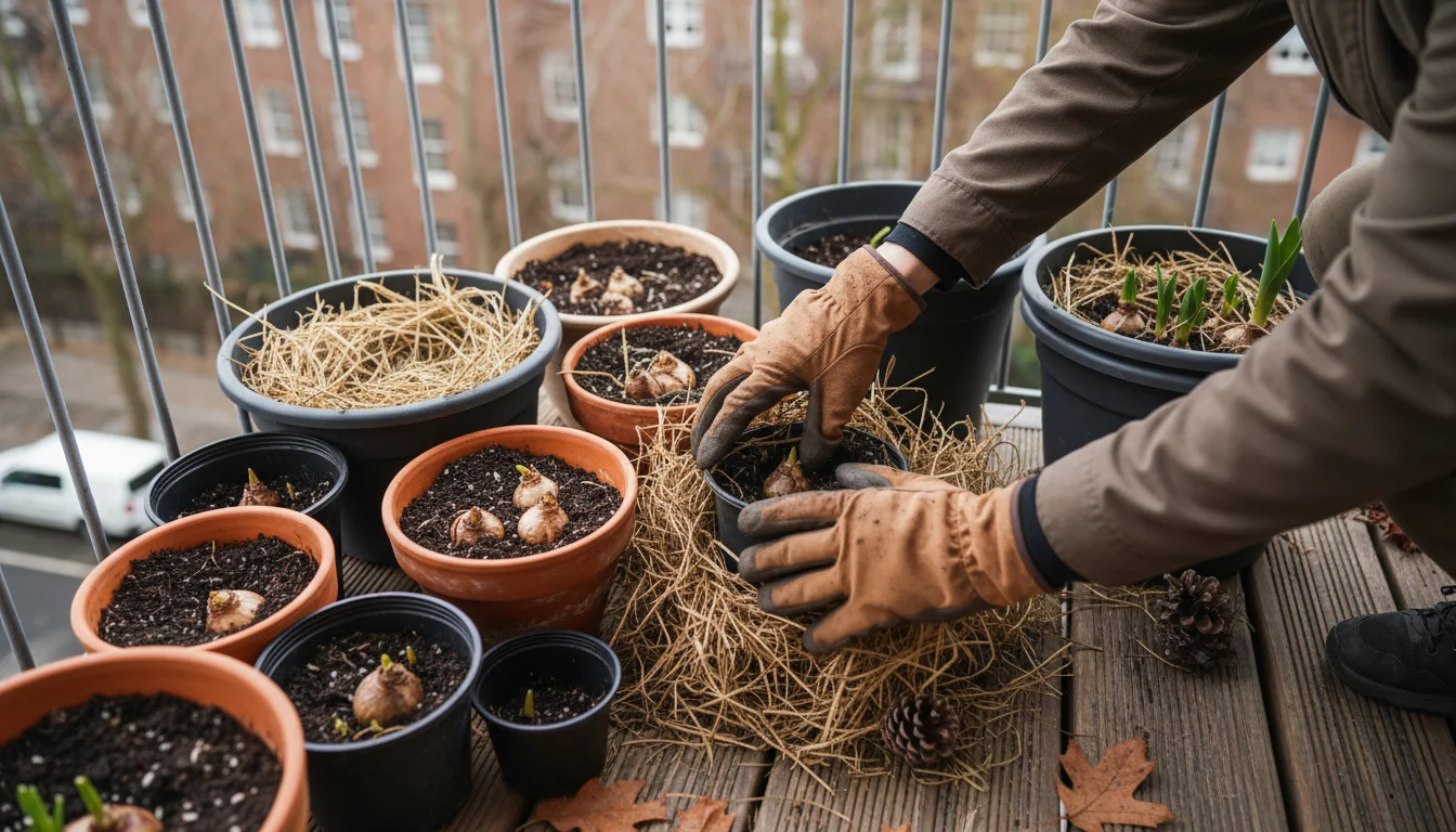 Overhead view of gloved hands arranging terracotta and recycled plastic pots with straw insulation in a sheltered balcony corner.