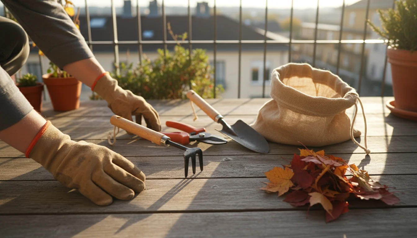 Gloved hands on a balcony deck arranging a small rake, pruners, and trowel next to a fabric debris bag and collected leaves.