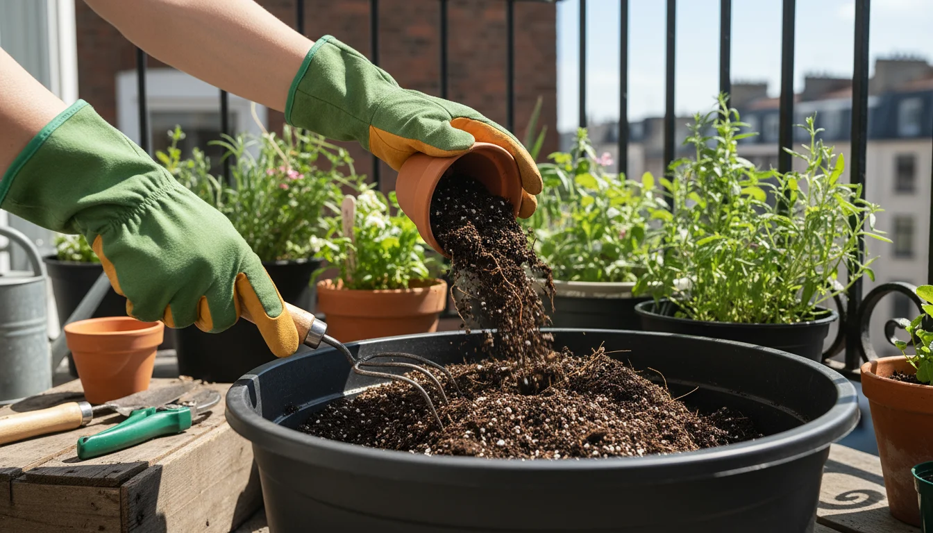 Gloved hands on a balcony empty used potting mix from a terracotta pot into a flexible tub, sifting out old roots.