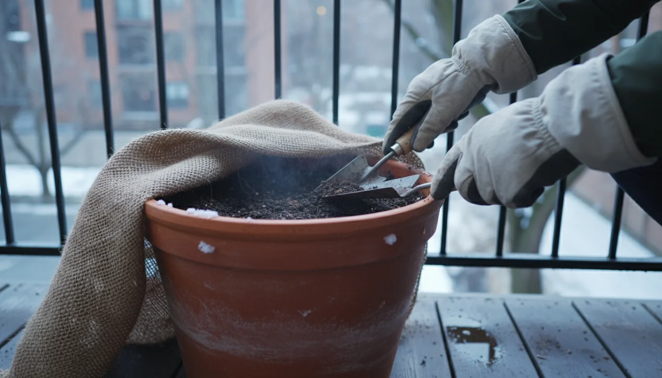 Gloved hands on a balcony carefully pull back burlap from a terracotta pot and check soil moisture with a trowel during winter.