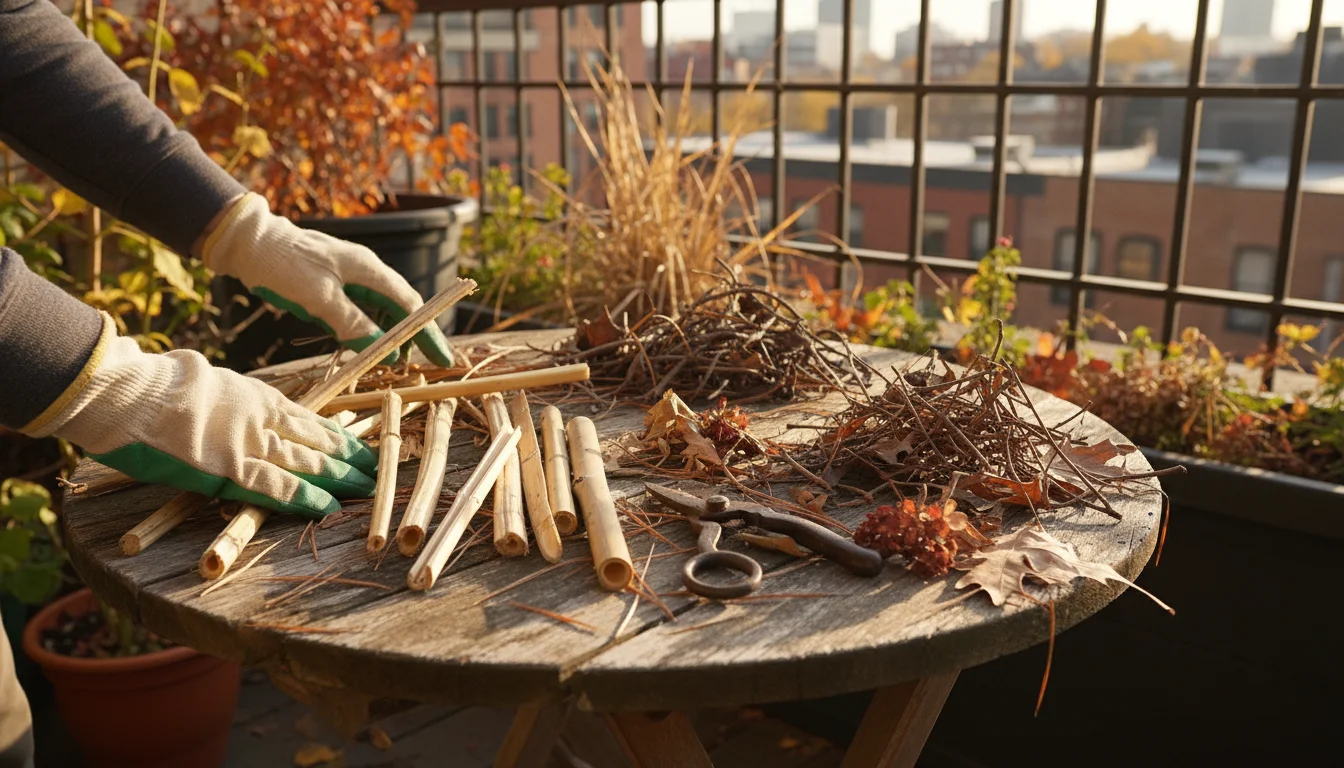Close-up of gloved hands on a balcony table, sorting various fall garden materials: cut hollow stems, twigs, pine cones, bark, and dried leaves for a