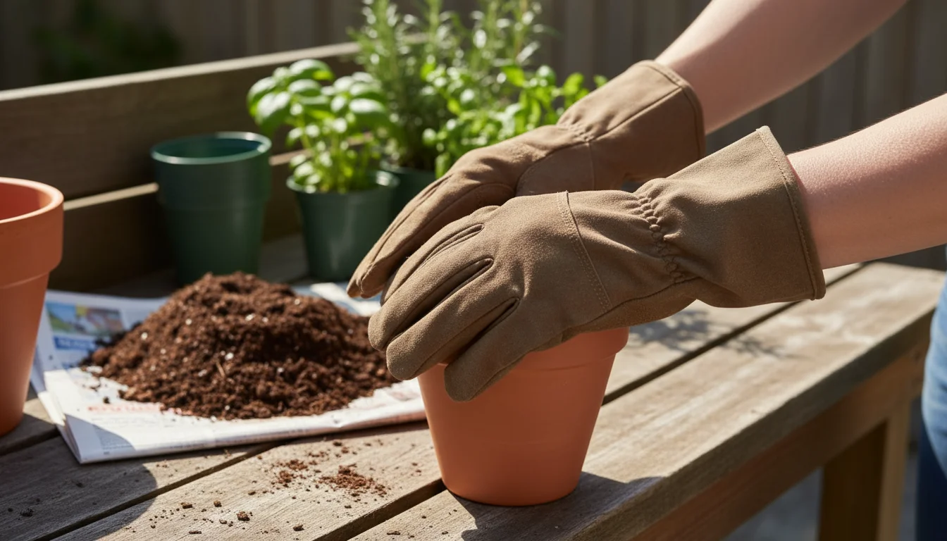 Gloved hands on a bright patio potting bench, one adjusting a cuff, ready to work with soil in a terracotta pot.
