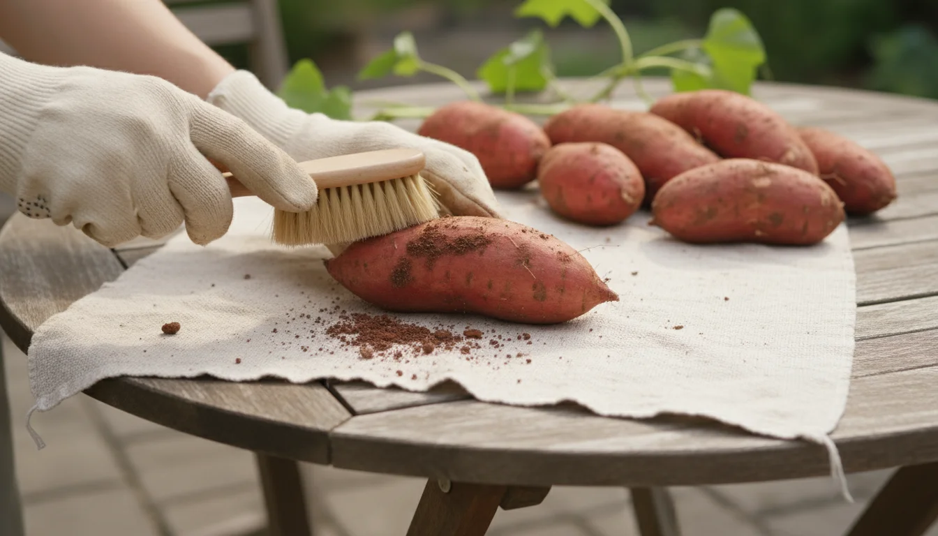Gloved hands gently brushing dry soil from a sweet potato tuber on a light cloth on a wooden patio table, with other tubers nearby.