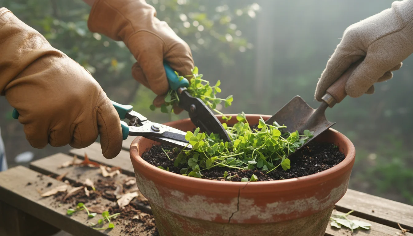 Gloved hands chop green cover crop into small pieces over a terracotta pot, mixing it into the soil with a trowel.