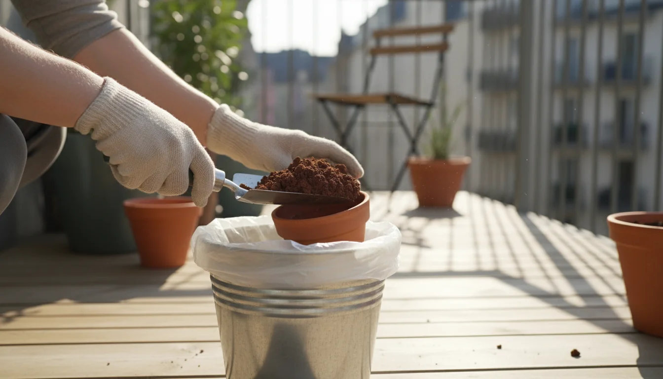 Gloved hands on a clean balcony carefully scoop reddish-brown soil into a clear trash bag, with bleach solution and scrub brush ready for pot sanitiza