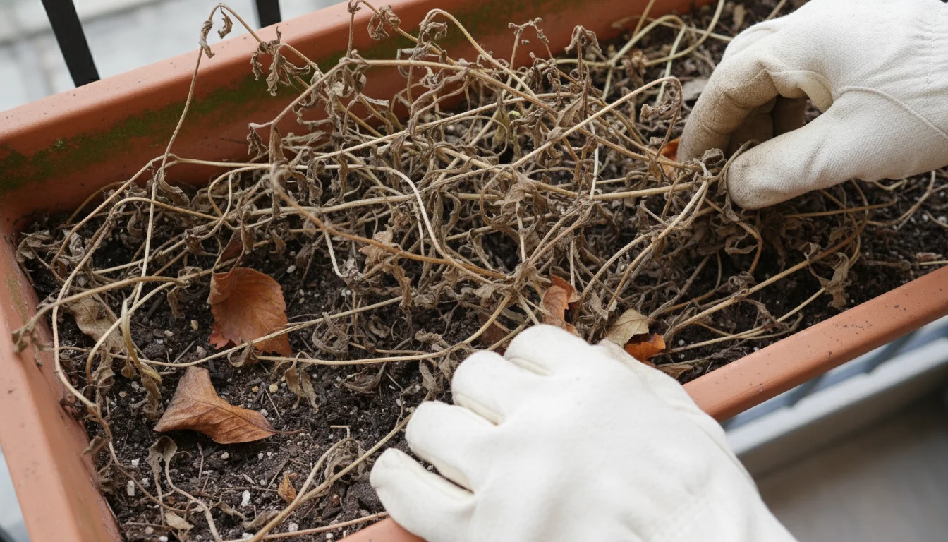 Close-up of gloved hands clearing dried winter debris and dead plant remnants from a rectangular balcony planter box.