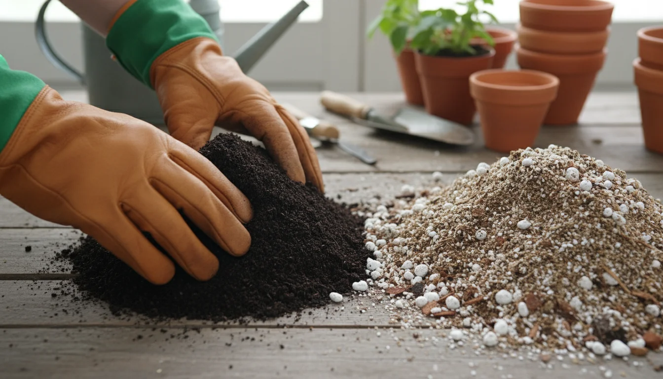 Gloved hands compare a dark, fine, damp potting mix with a lighter, aerated mix containing perlite and bark on a wooden bench.