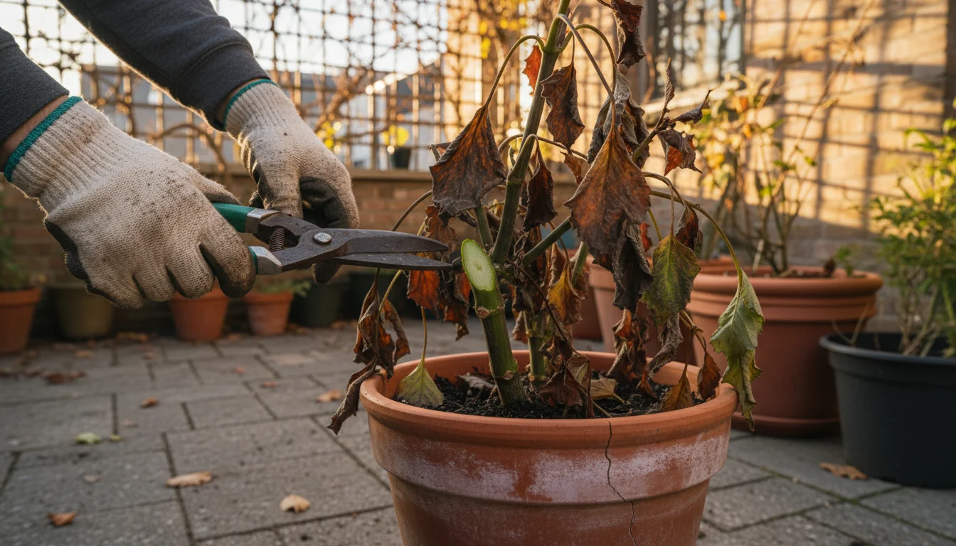 Gloved hands cutting frost-nipped dahlia foliage in a terracotta pot on a patio, stems cut to 5 inches above soil.