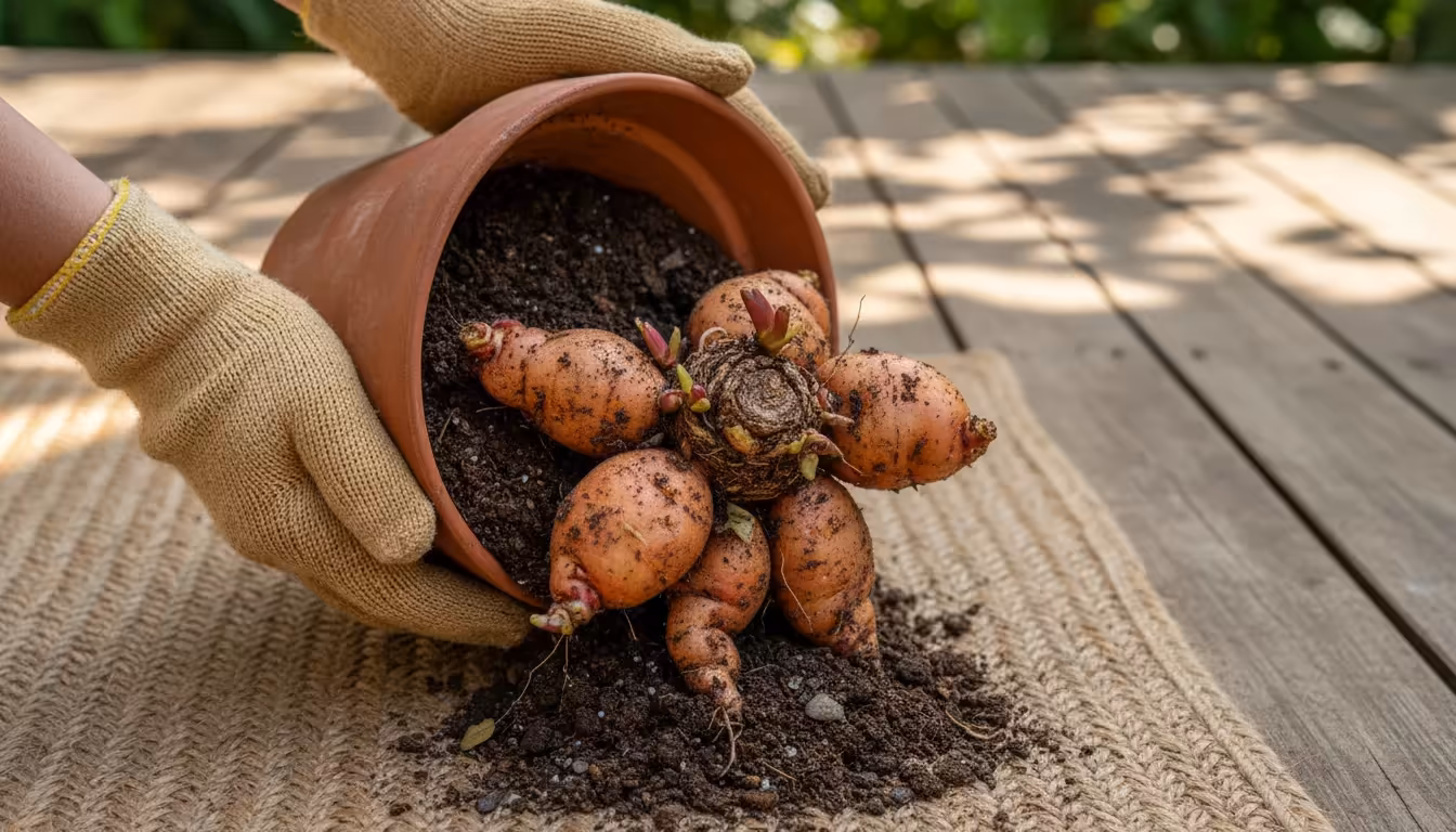 Gloved hands gently ease a robust cluster of earthy dahlia tubers, still clinging to moist soil, from a terracotta pot onto a mat on a patio.