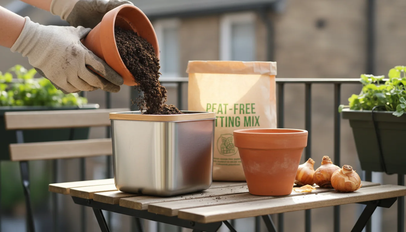 Gloved hands empty used potting mix from a terracotta pot into a small compost bin on a wooden balcony table. Clean pots and daffodil bulbs are nearby