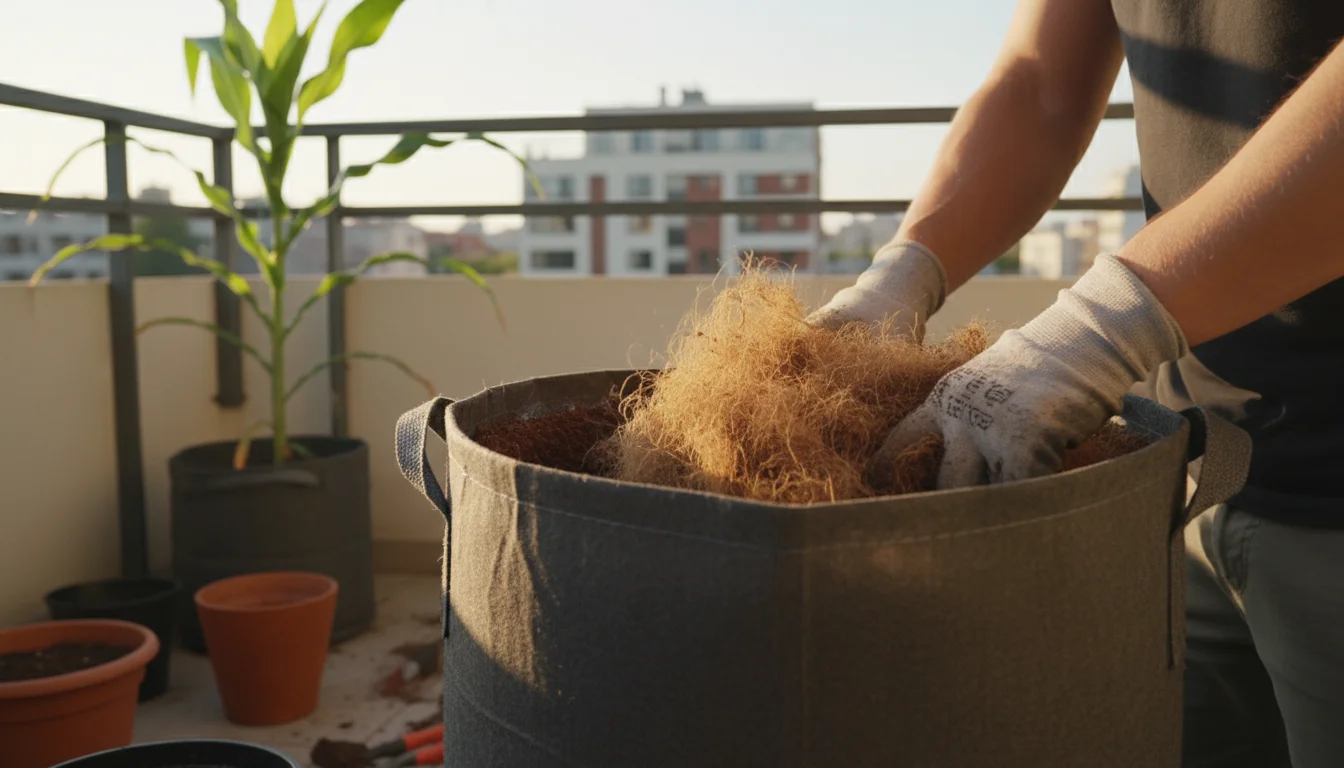 Gloved hands energetically mix light brown coco coir into dark potting soil in a fabric grow bag on an urban balcony. A perlite bag sits nearby.