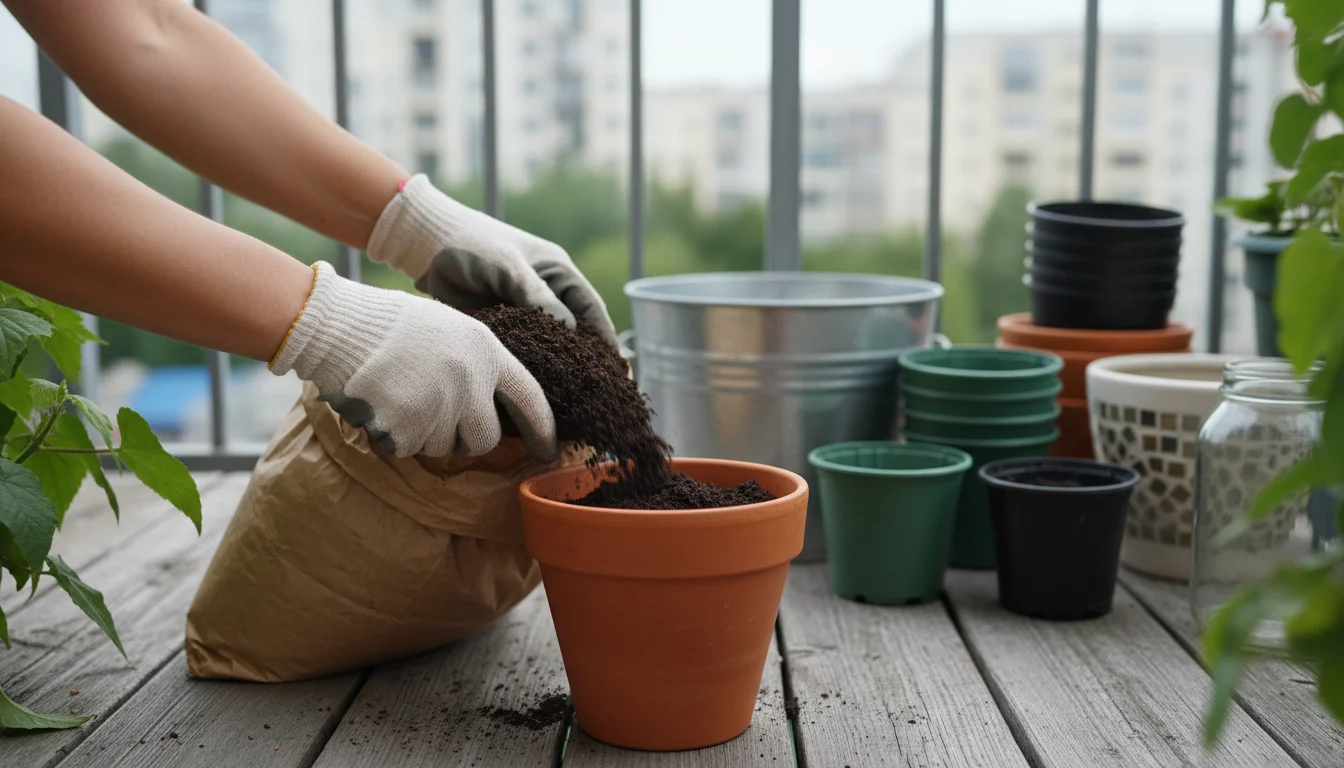 Gloved hands fill a terracotta pot with dark potting soil on a balcony, with other empty containers in the soft background.