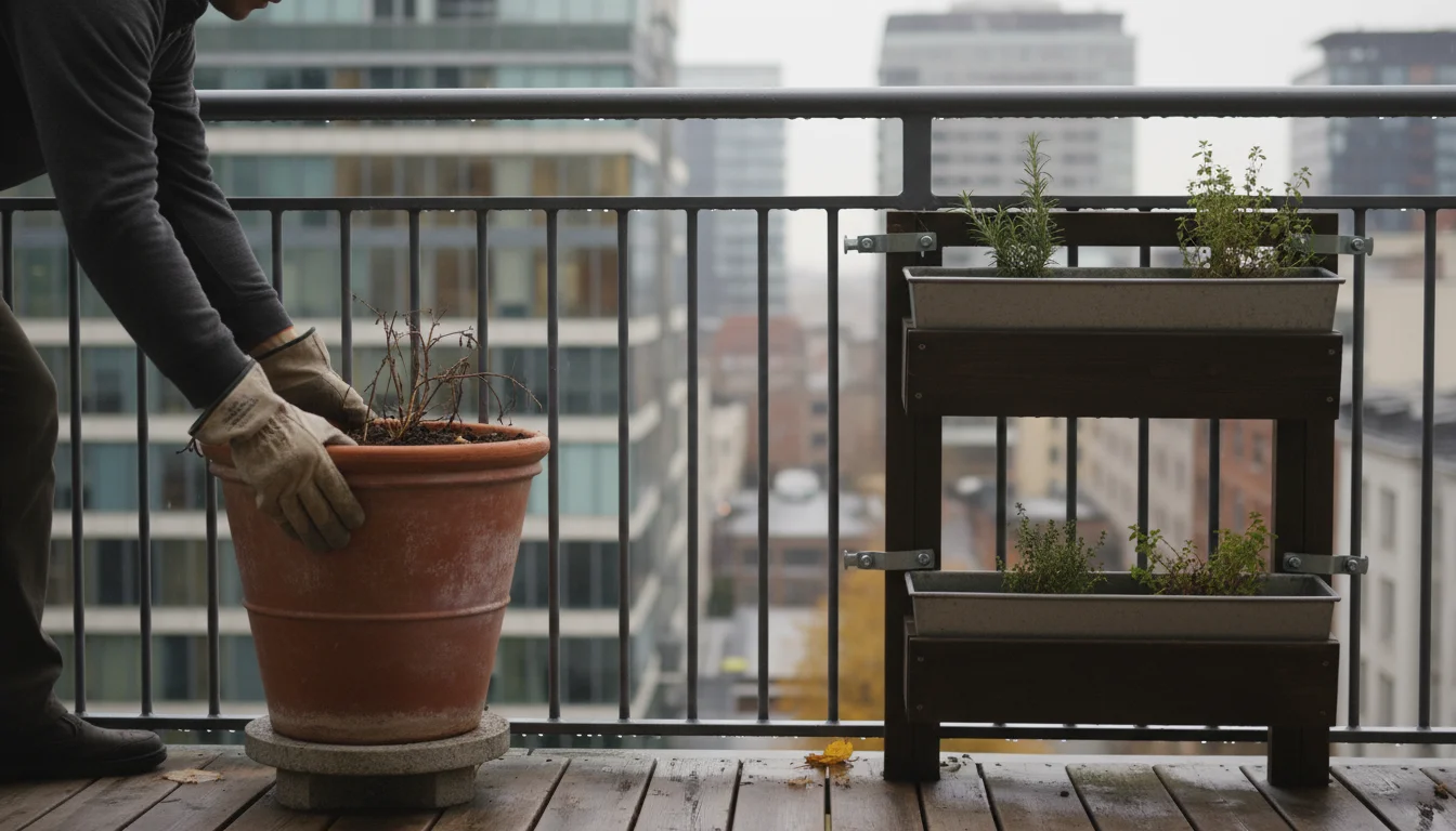 Gloved hands firmly grip a tall terracotta pot on an urban balcony railing, checking its stability. A vertical planter is nearby.