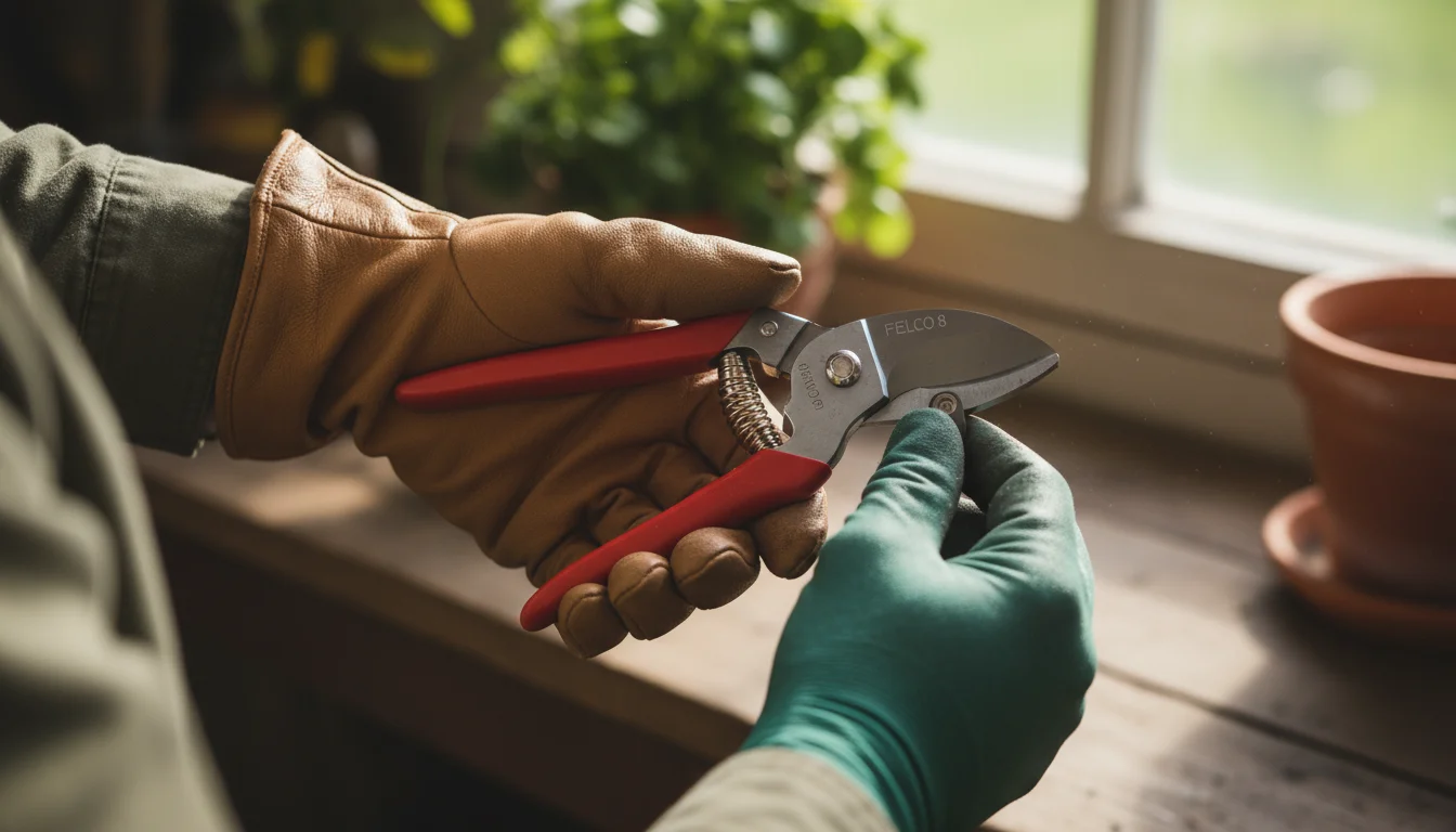 Gloved hands of a gardener intently examine a high-quality bypass pruner's weight, balance, and sturdy pivot point on a sunlit patio.