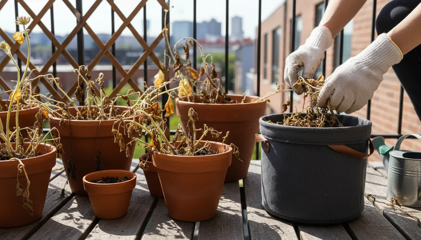 Gloved hands gather dried annuals and spent vegetable plants from terracotta pots into a small fabric waste bin on an urban balcony.