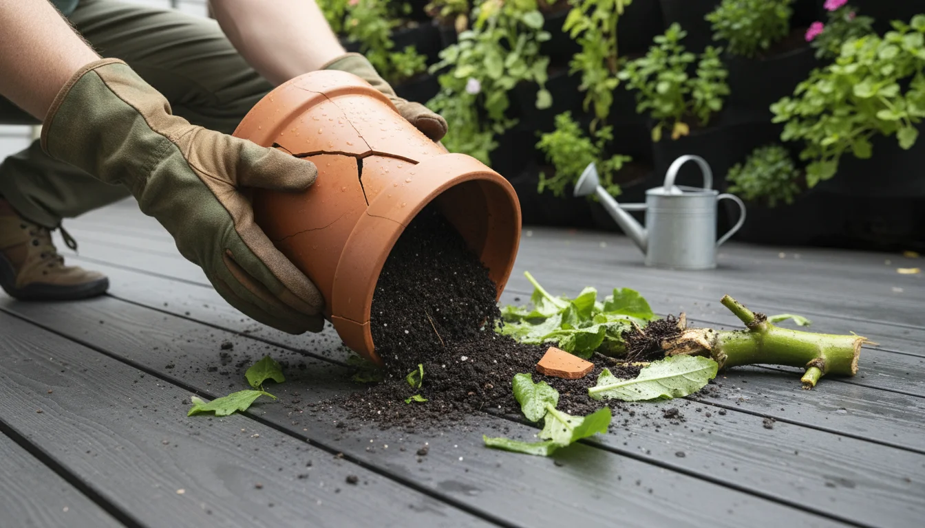 Gloved hands carefully inspect a cracked terracotta pot with spilled soil and torn leaves on a balcony deck after a windstorm.