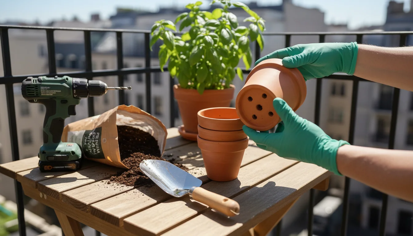 Gloved hands inspect the drainage holes of a terracotta pot on a rustic wooden potting bench, surrounded by gardening tools, potting mix, and young or