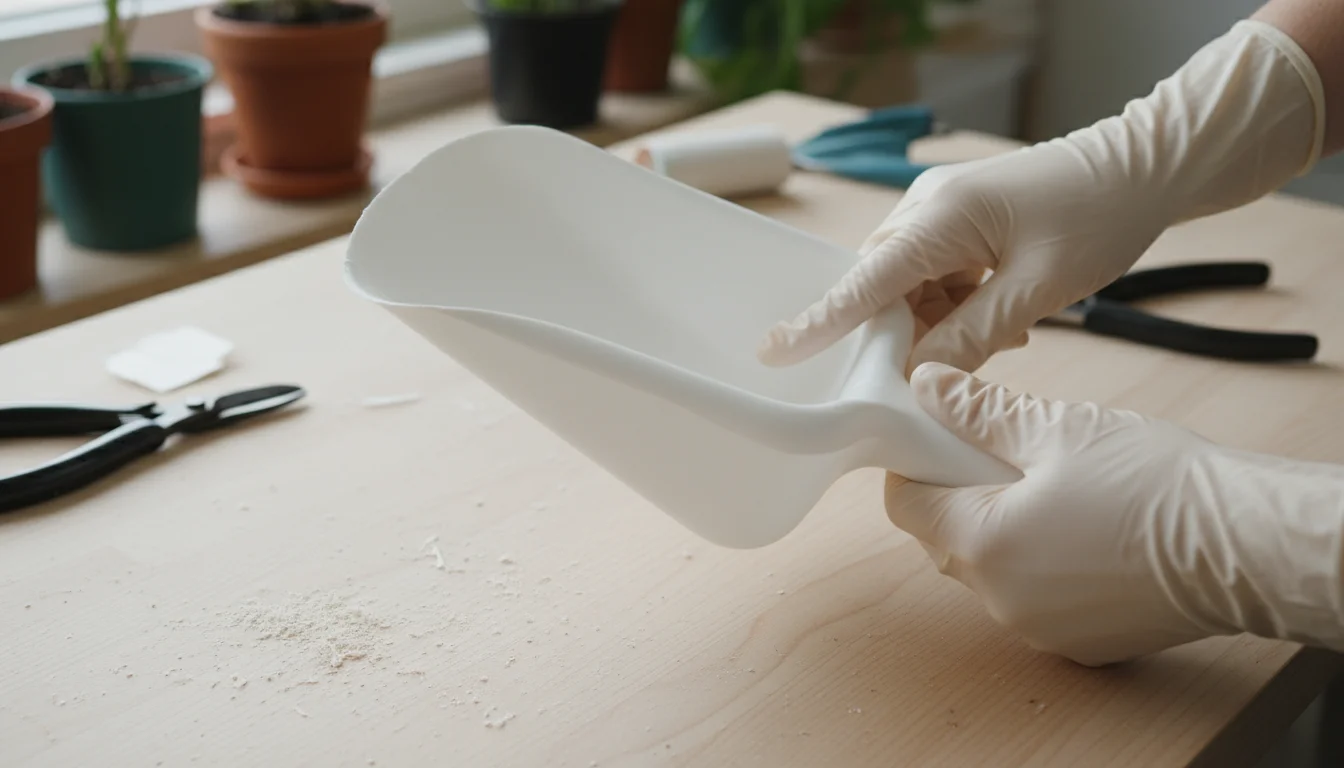 Gloved hands carefully inspect the smoothed edge of a DIY plastic milk jug garden scoop on a patio, with blurred pots and railing in background.