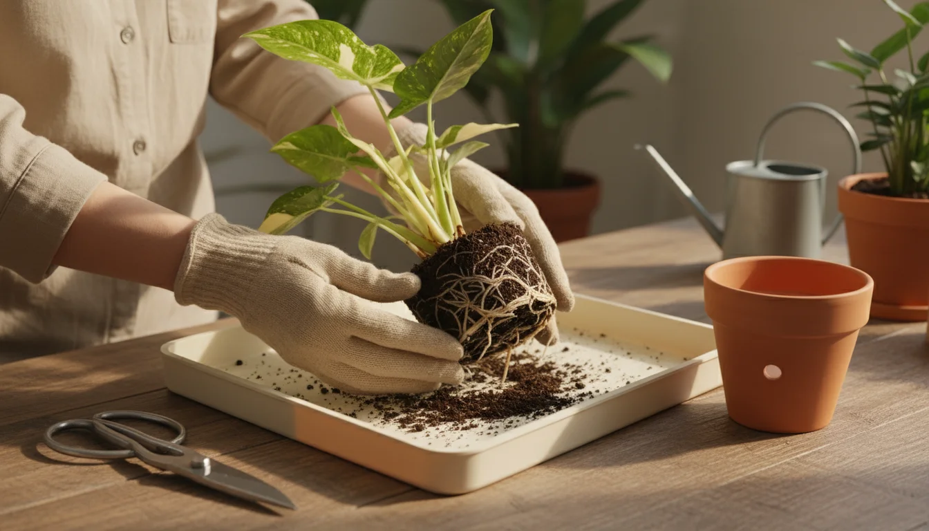 Gloved hands inspecting the root ball of a rare houseplant on a potting mat with sterile pruners and a new terracotta pot nearby on a balcony table.